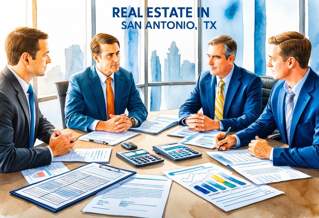 A group of investors discussing real estate in San Antonio, TX, with legal documents and contracts spread out on a conference table