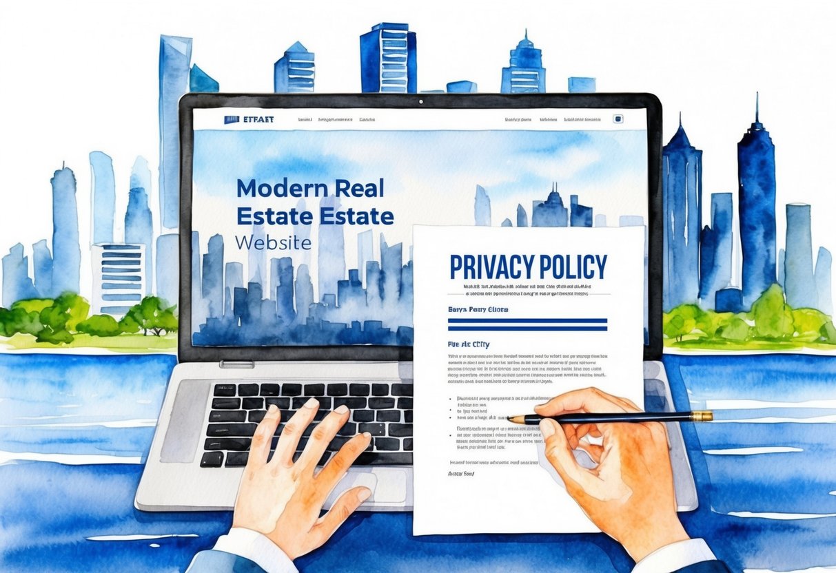 A modern real estate website with a city skyline backdrop and a privacy policy document being reviewed by a person