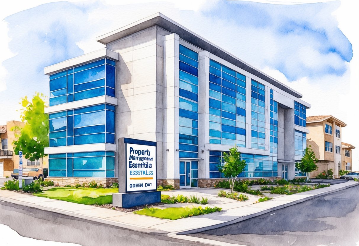 A modern office building in Ogden, Utah with a "Property Management Essentials" sign and surrounding real estate properties