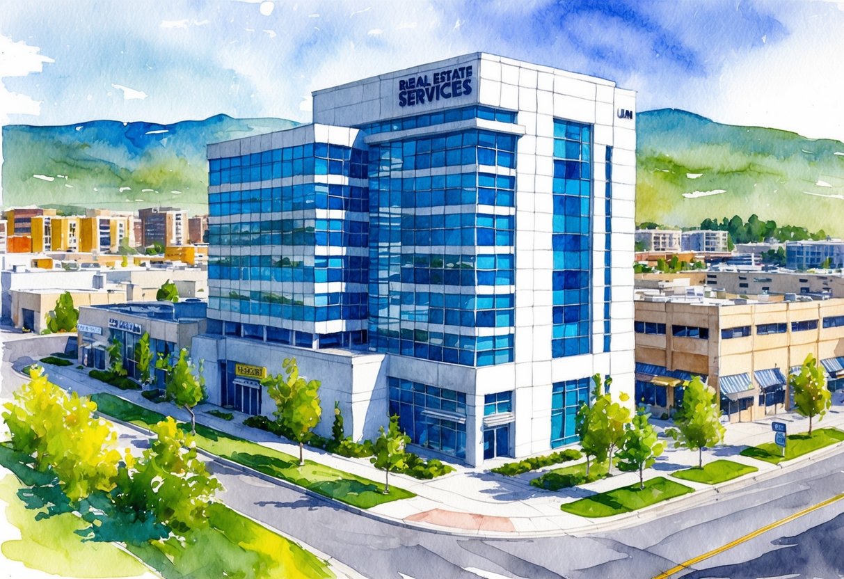 A modern office building in Ogden, Utah with a "Real Estate Services" sign, surrounded by residential and commercial properties