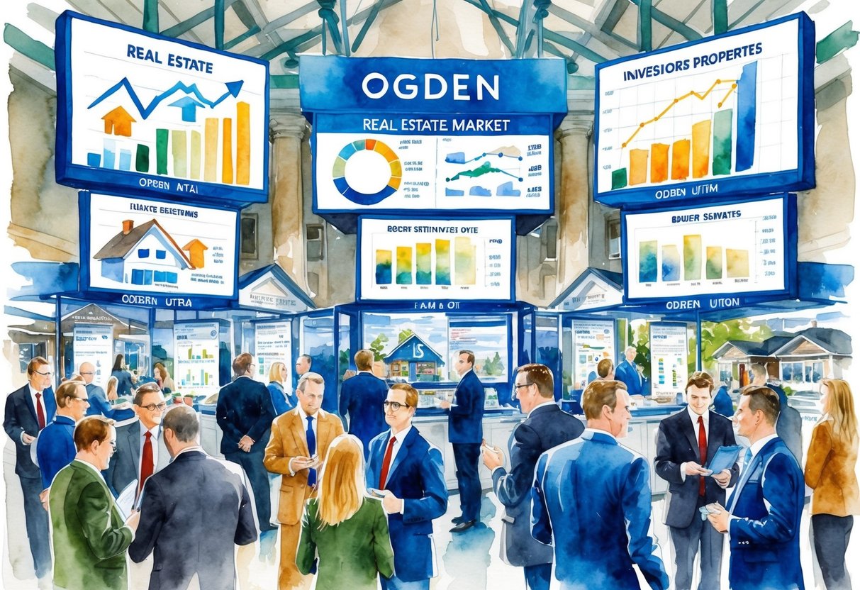 A bustling market in Ogden, Utah, with real estate graphs and charts displayed, investors discussing strategies, and properties being showcased