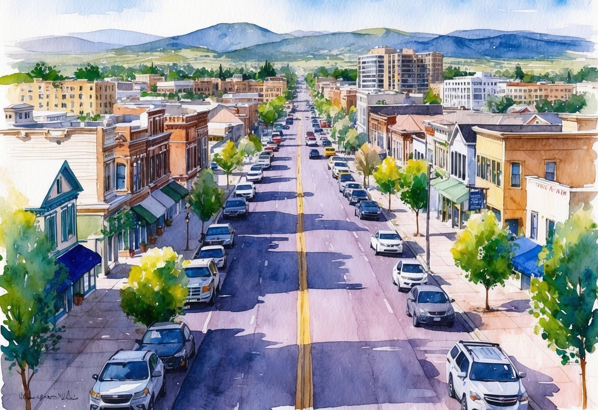 A bustling street in Ogden, Utah, lined with various real estate properties, from historic homes to modern developments, showcasing the risks and challenges of real estate investing in the area