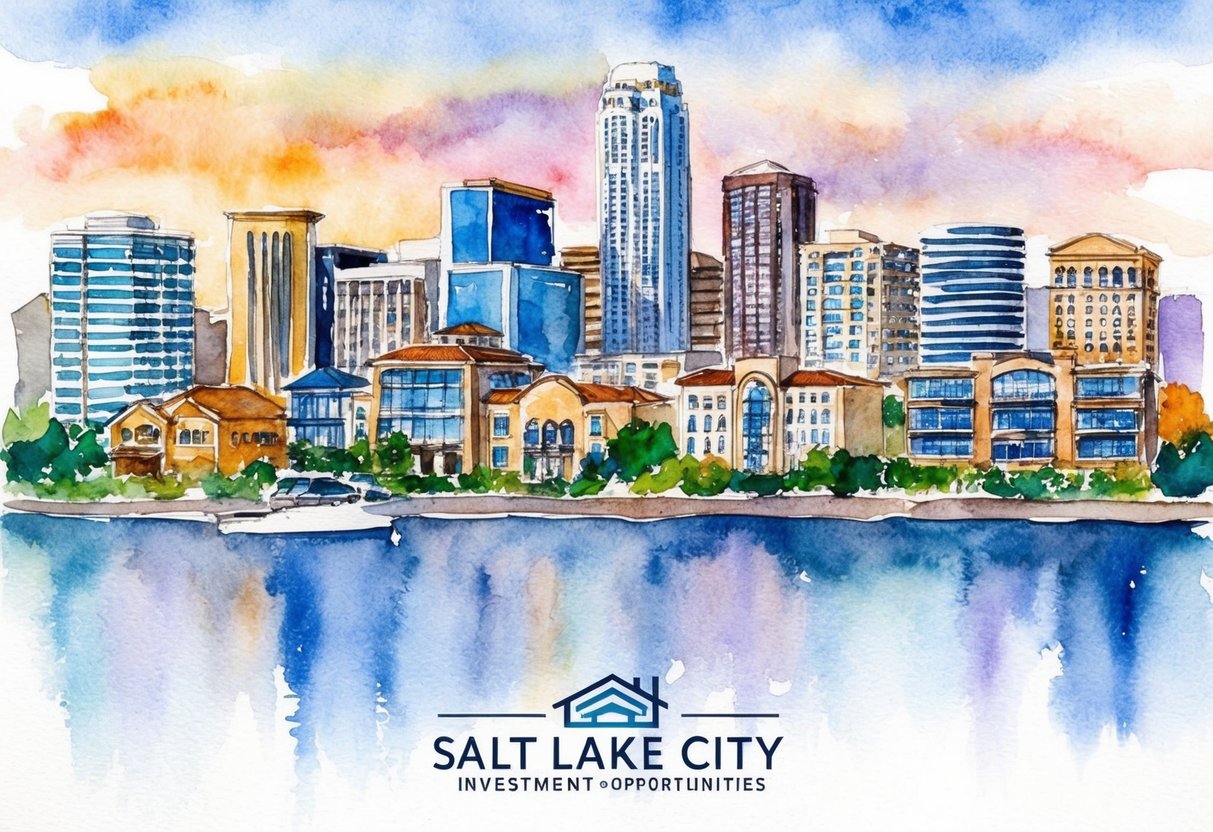 A skyline of Salt Lake City, Utah with various real estate properties and investment opportunities