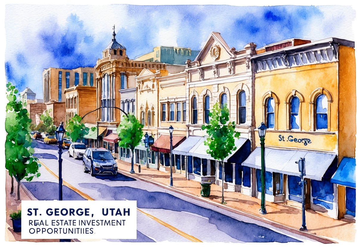 A bustling downtown street in St. George, Utah with a mix of historic and modern buildings, showcasing the city's real estate investment opportunities