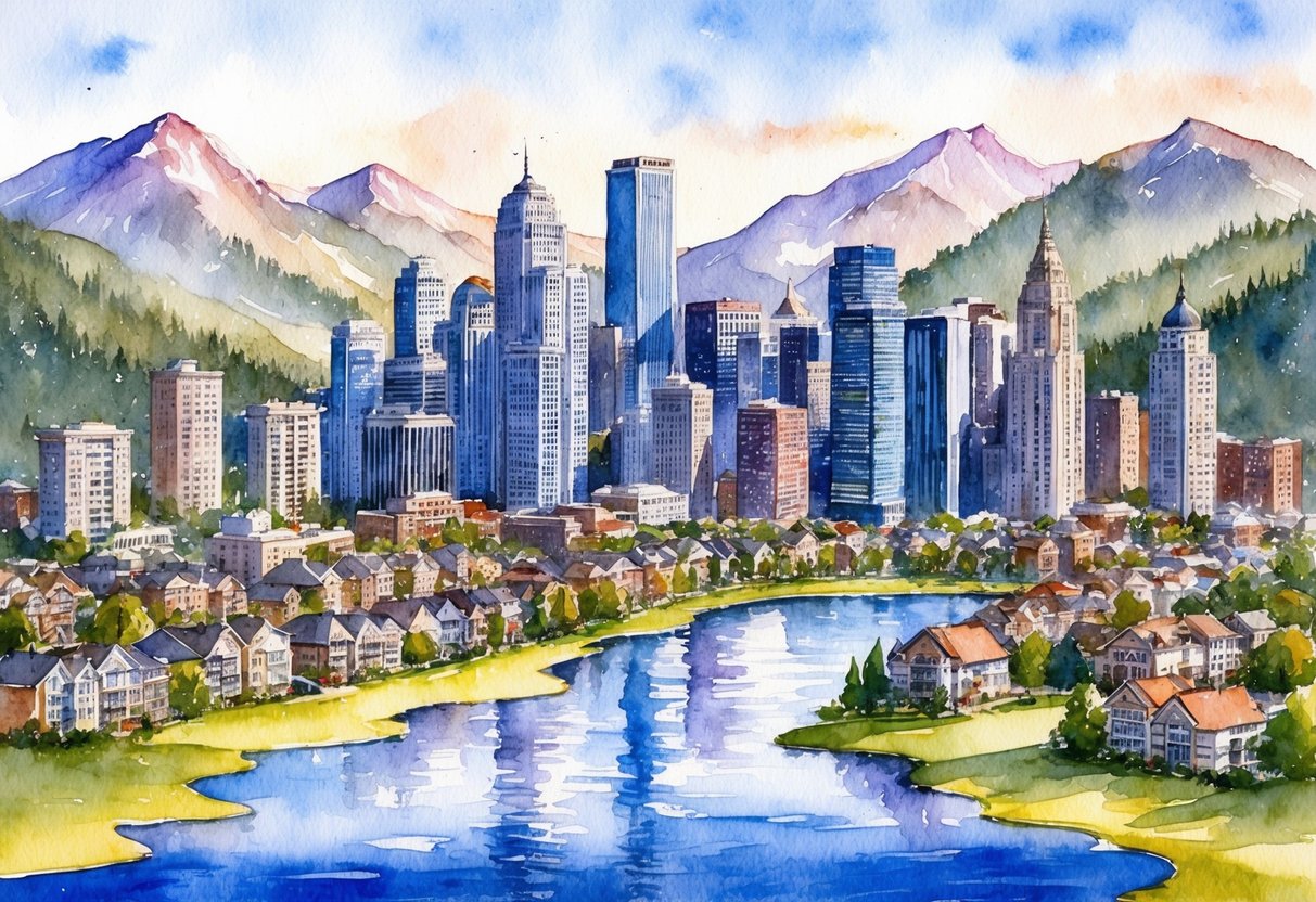 A bustling city skyline with towering buildings and residential neighborhoods, surrounded by picturesque mountains and a tranquil lake