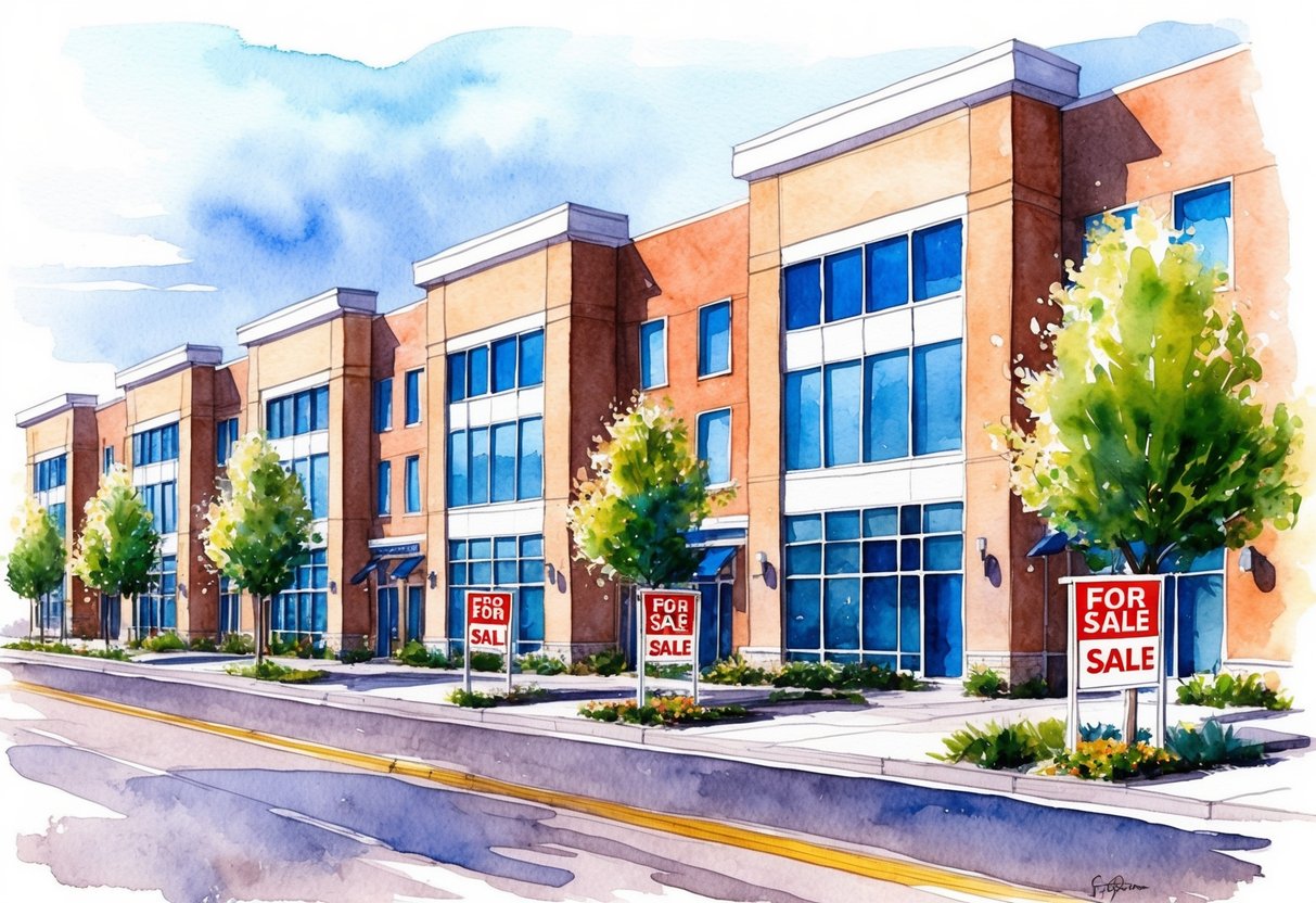 A row of modern buildings in Provo, Utah, with "For Sale" signs and a bustling real estate market