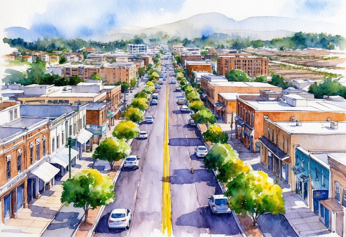 A bustling street in St. George, lined with various types of investment properties such as residential homes, commercial buildings, and vacant land for development