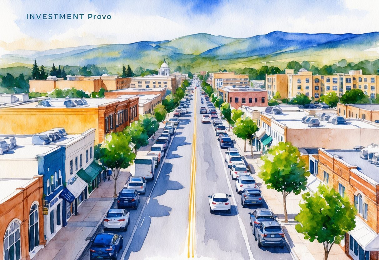 A bustling street in Provo, Utah lined with various investment properties such as residential homes, commercial buildings, and rental units