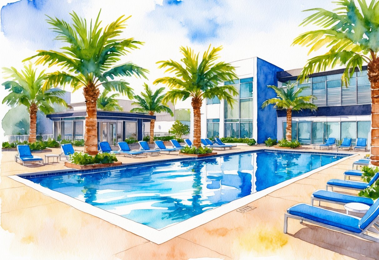 A luxurious pool surrounded by palm trees and lounge chairs, adjacent to a modern clubhouse and fitness center