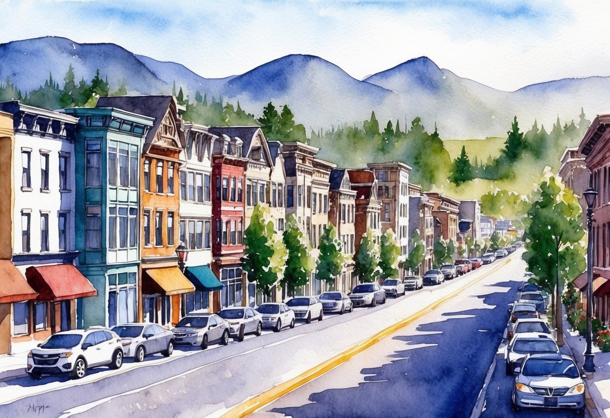 A bustling city street with rows of diverse property types, from modern condos to historic homes, surrounded by mountain views
