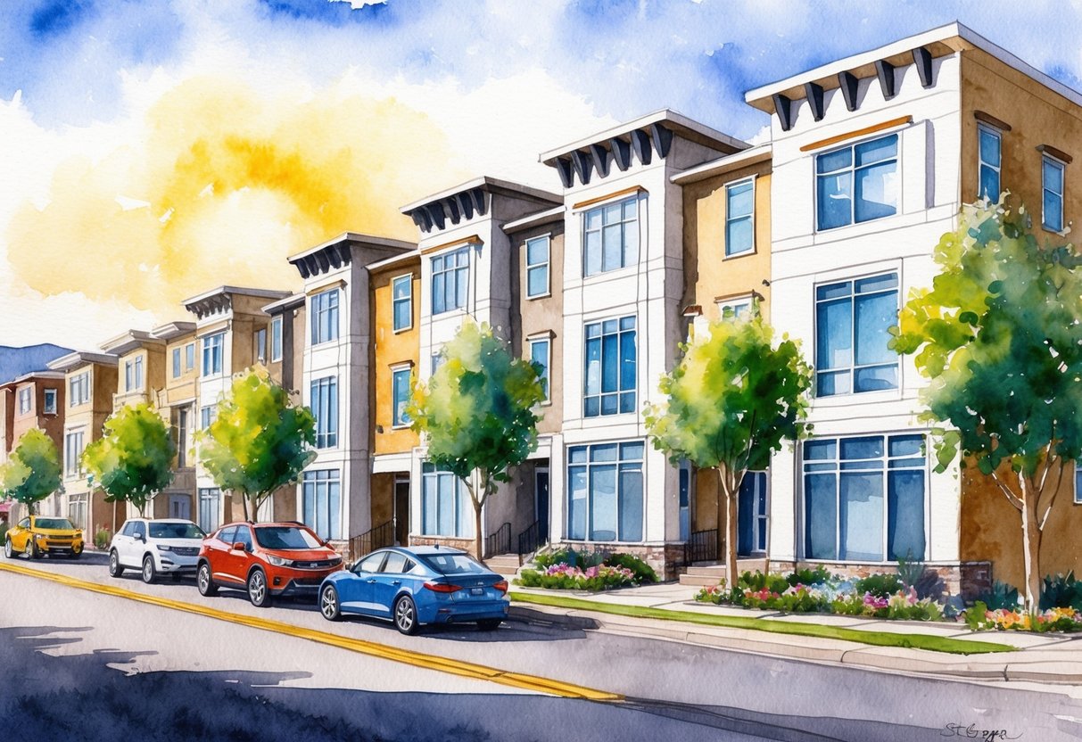 A sunny day in St. George, Utah, with a row of modern townhouses and a bustling real estate market