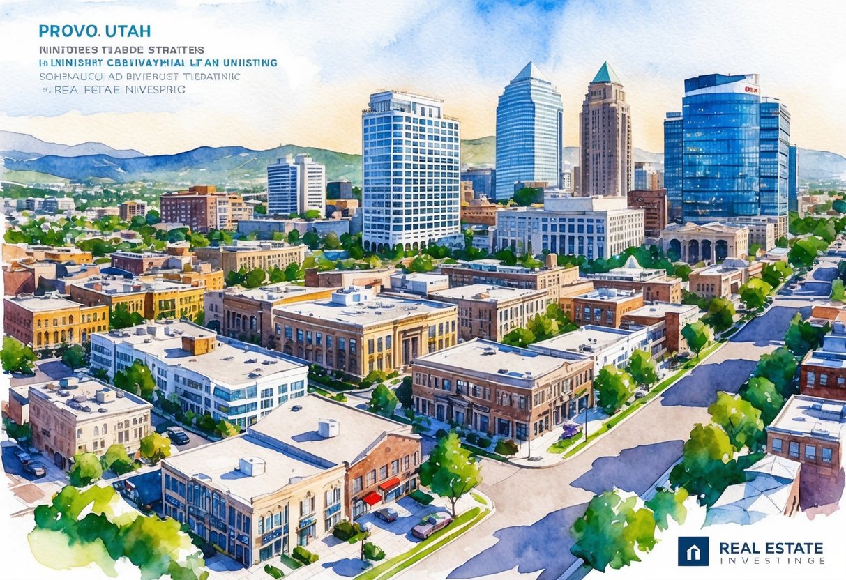 A bustling cityscape in Provo, Utah, with various real estate properties and investment firms, showcasing the diverse strategies and approaches to real estate investing