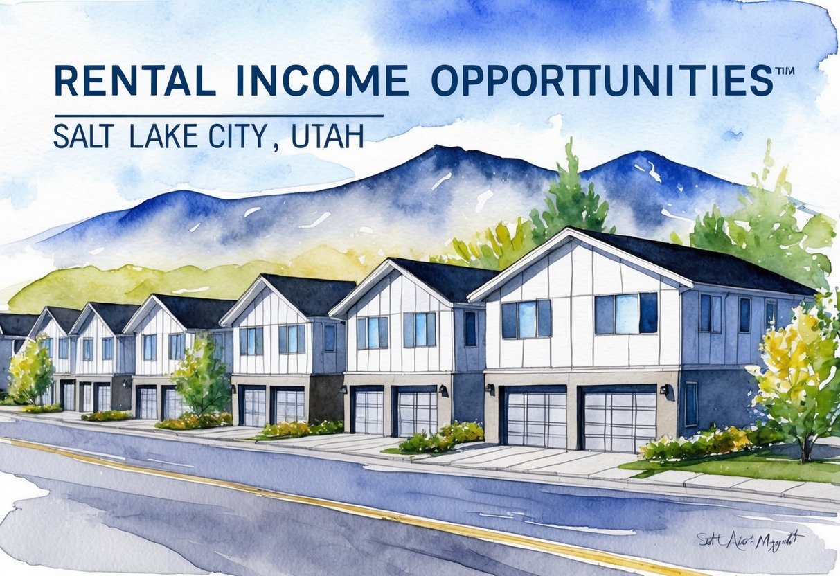 A row of modern rental properties in Salt Lake City, Utah, with "Rental Income Opportunities" signage and a mountain backdrop