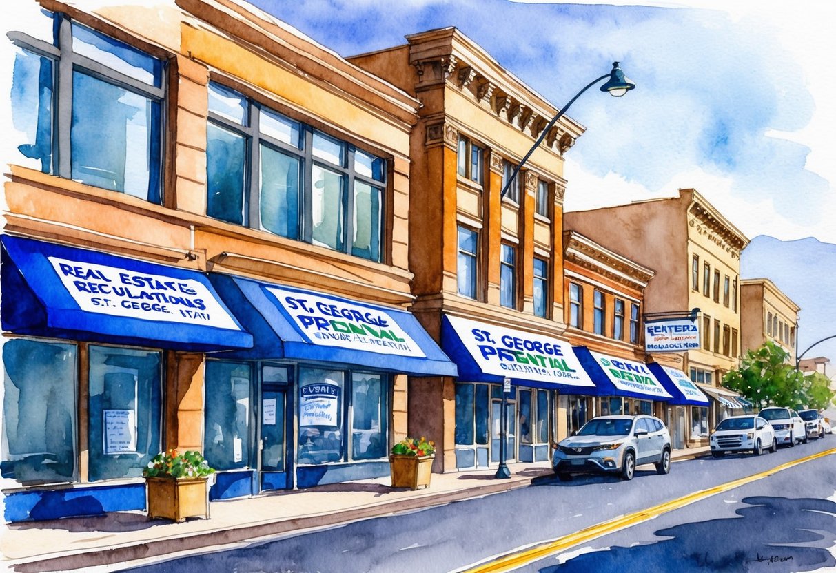 A bustling city street with real estate offices and rental properties, featuring signs and banners promoting property management and rental regulations in St. George, Utah