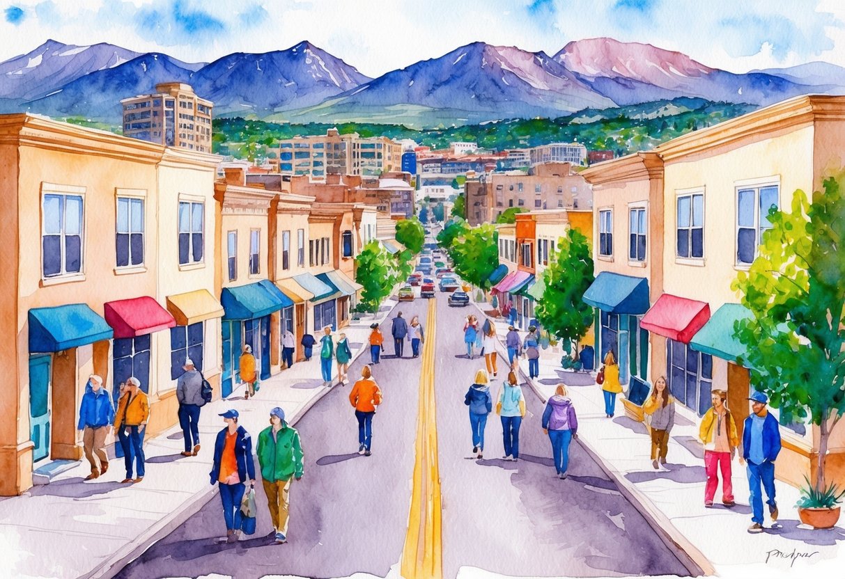 A bustling street in Provo, Utah with diverse people entering and exiting rental properties, surrounded by mountains and a vibrant cityscape