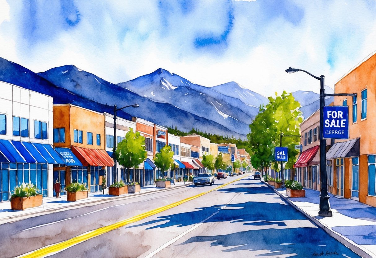 A bustling street in St. George, with modern buildings and "For Sale" signs, surrounded by scenic mountains and clear blue skies