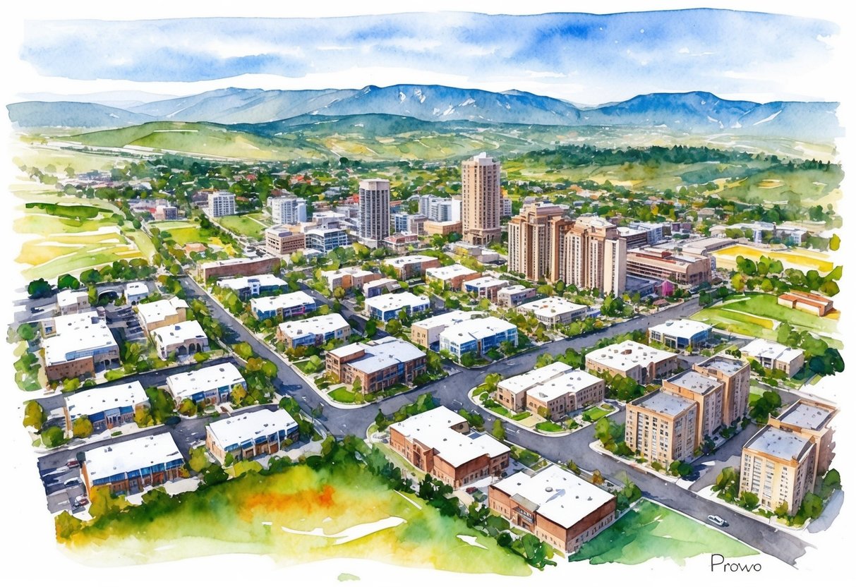 An aerial view of Provo, Utah with various rental properties and real estate landmarks