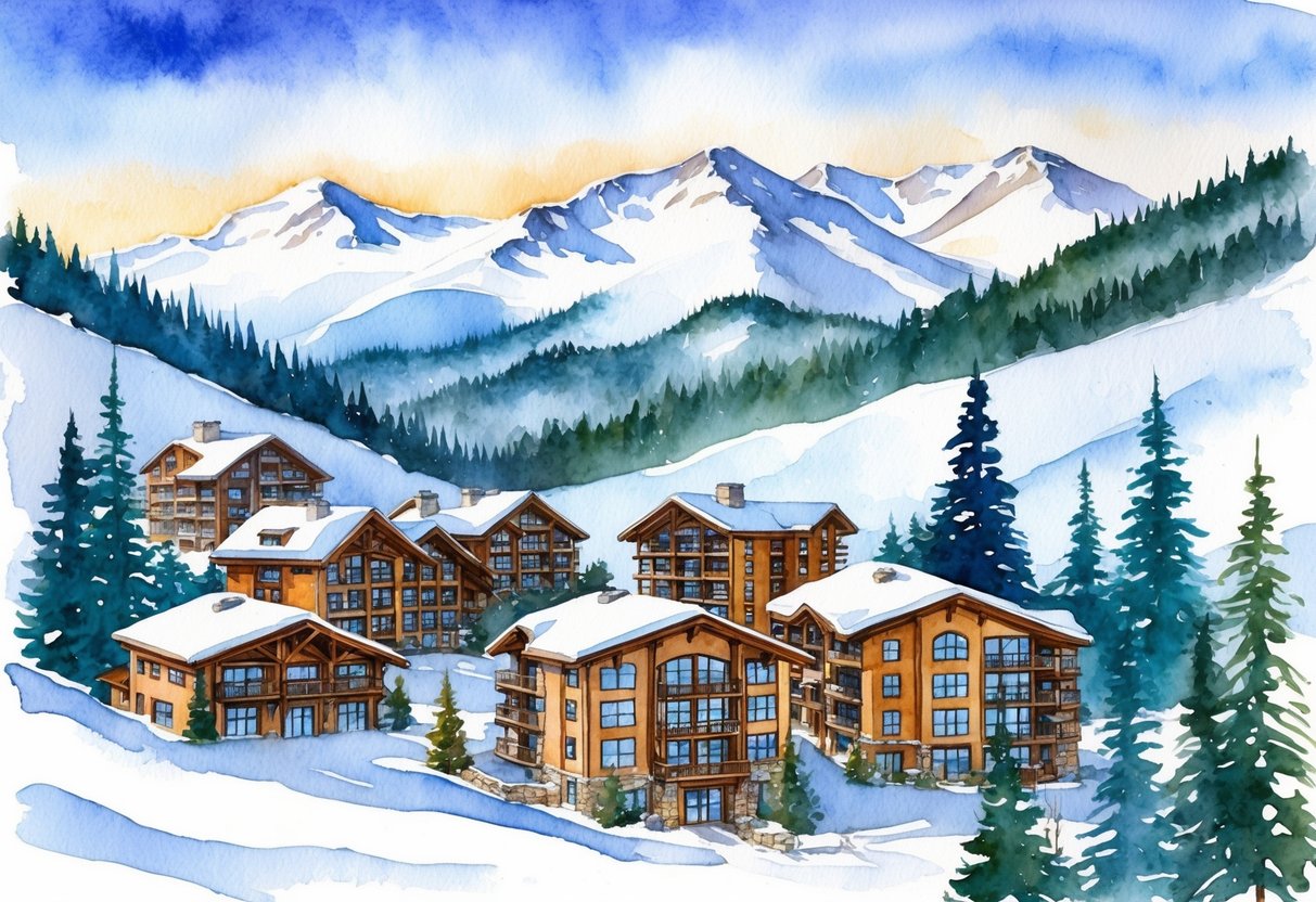 A snowy mountain landscape with ski resorts and cozy seasonal investment properties nestled in the hills of Salt Lake City, Utah