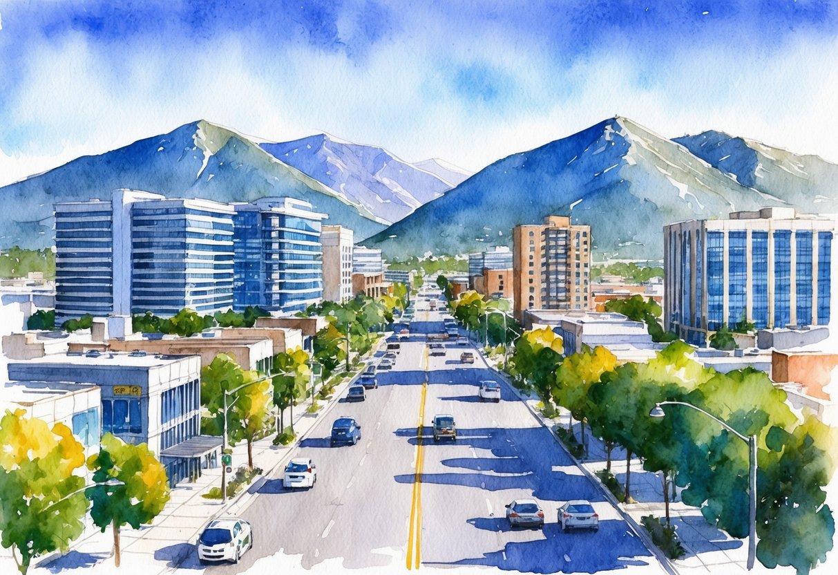 A bustling Salt Lake City street with modern office buildings and residential properties, surrounded by mountains and a clear blue sky