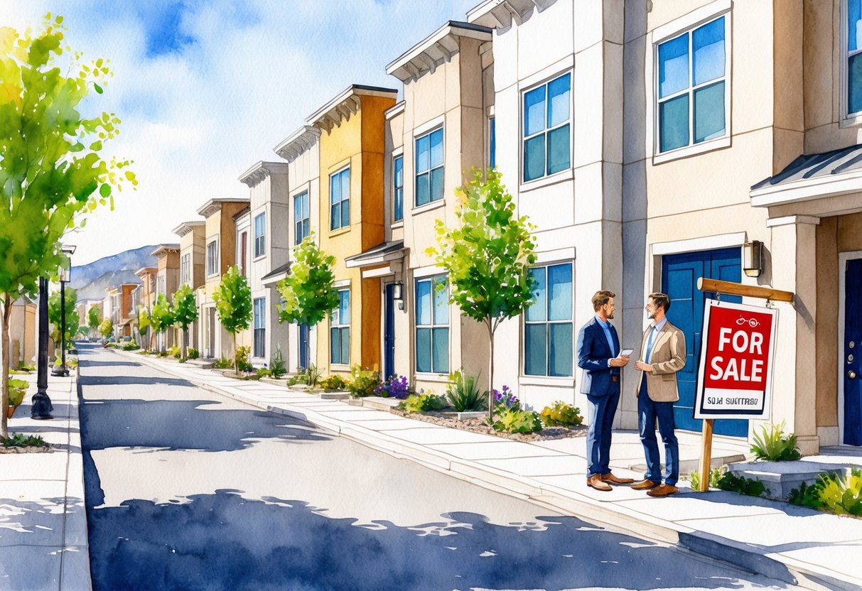 A sunny street in Provo, Utah, lined with modern townhouses and a "For Sale" sign. A couple chats with a real estate agent outside one of the properties