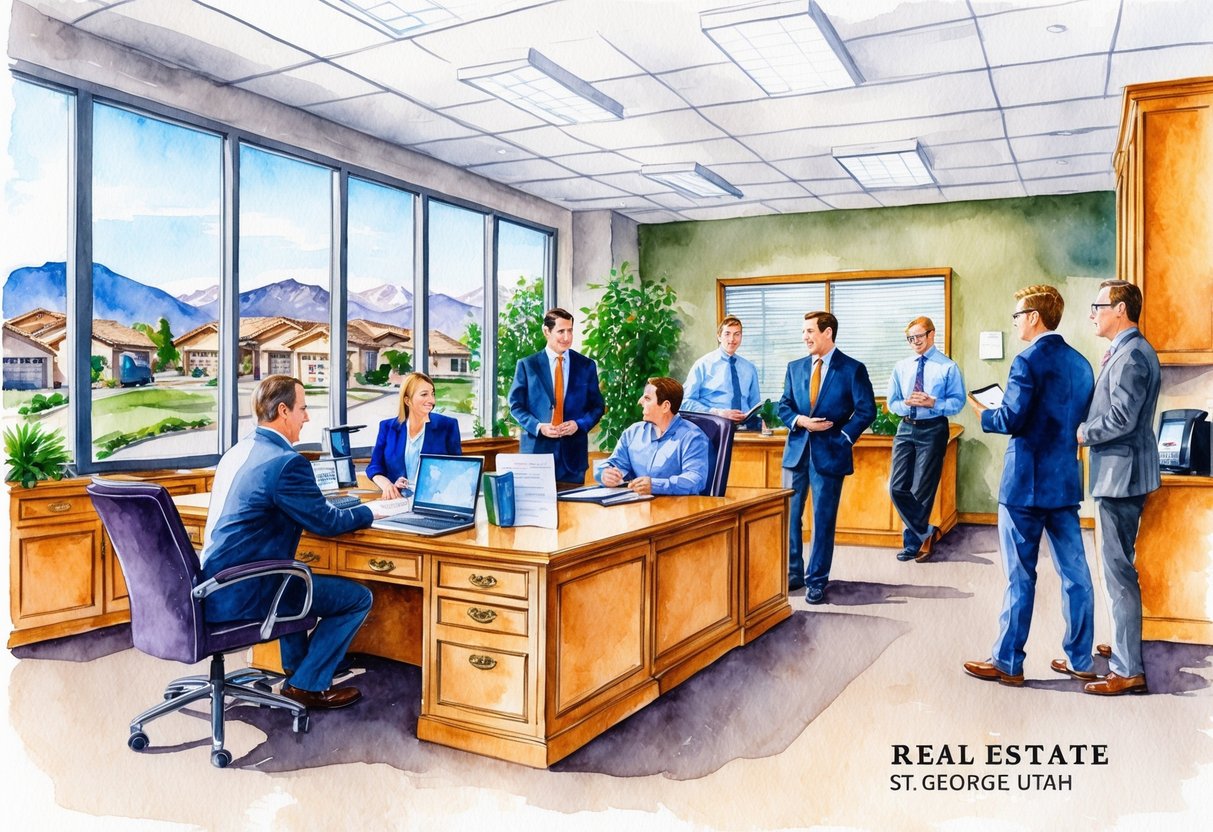 A bustling real estate office in St. George, Utah, with agents discussing investment opportunities and reviewing property listings