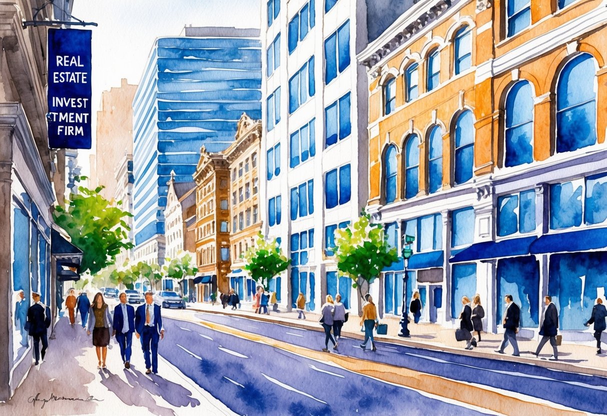A busy downtown street with a mix of modern office buildings and historic architecture. A sign reads "Real Estate Investment Firm" while people walk by