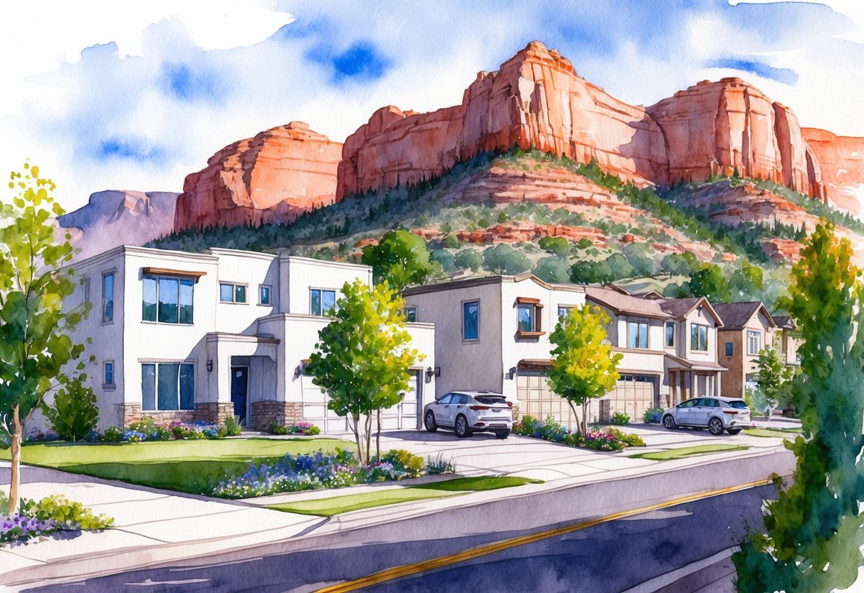 A sunny day in St. George, Utah, with red rock formations and a picturesque neighborhood with modern homes and lush landscaping