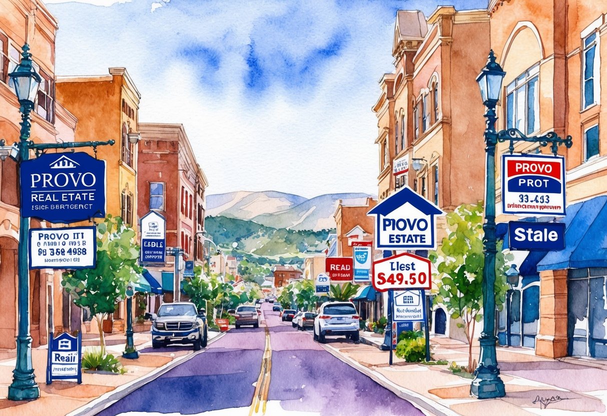 A bustling Provo street with various properties and real estate signs, showcasing the diverse opportunities for property management and investing