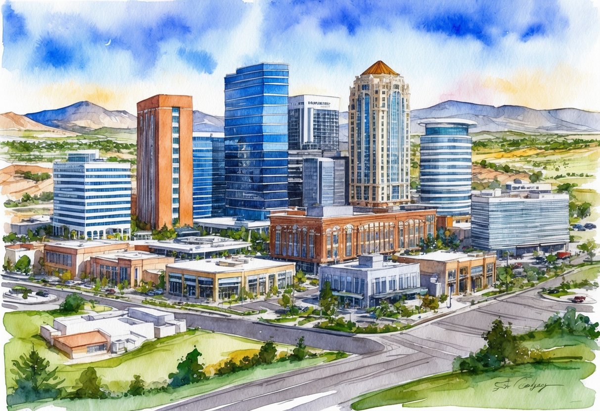 A diverse skyline of modern and traditional buildings in St. George, Utah, surrounded by natural landscapes and potential investment opportunities