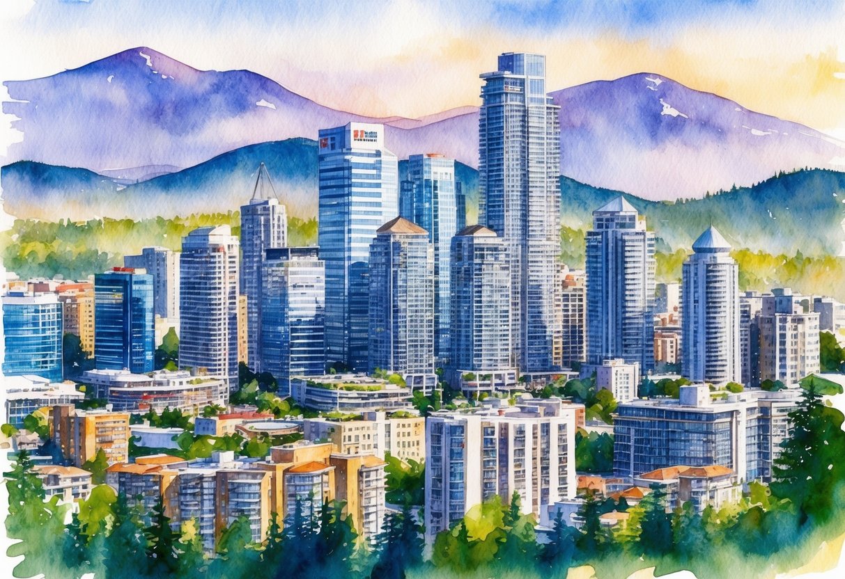 A bustling city skyline with modern high-rise buildings and a mix of residential and commercial properties, surrounded by picturesque mountains and a vibrant urban atmosphere