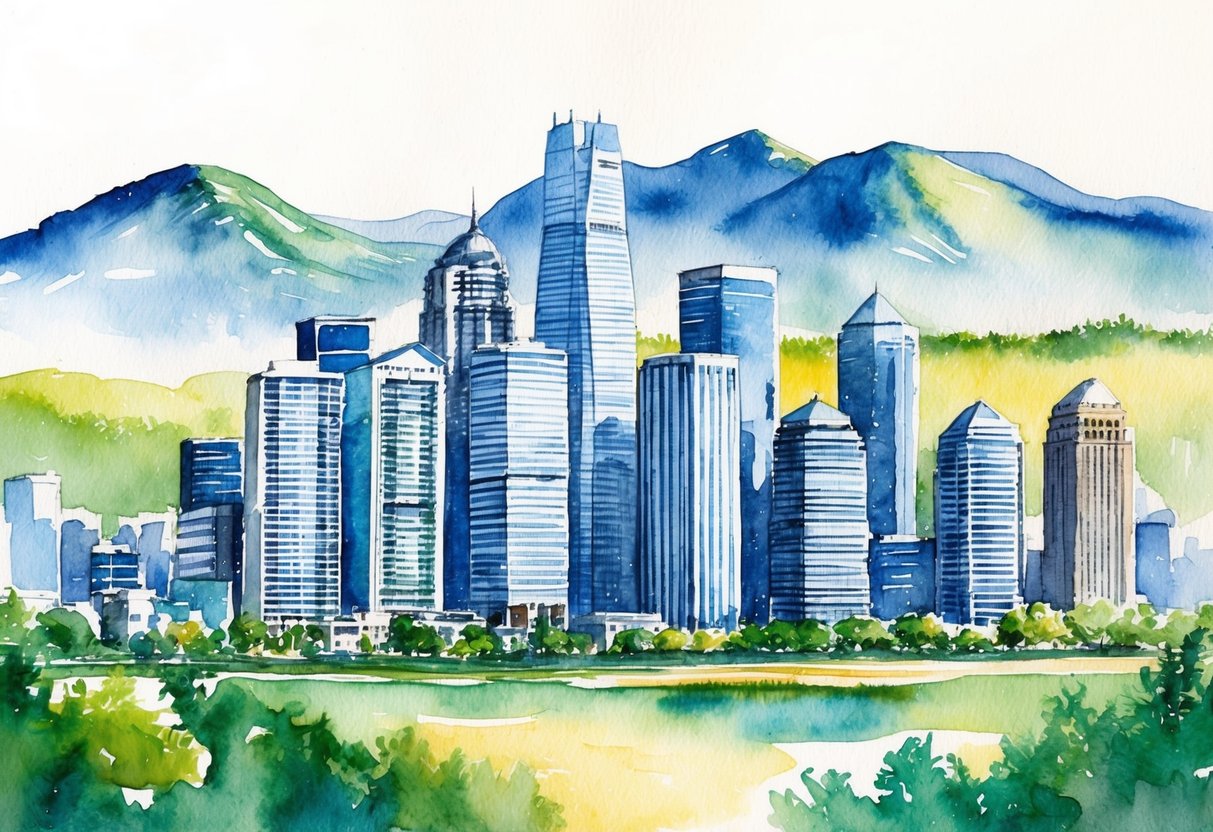 A bustling city skyline with modern high-rise buildings juxtaposed against a backdrop of picturesque mountains and lush greenery