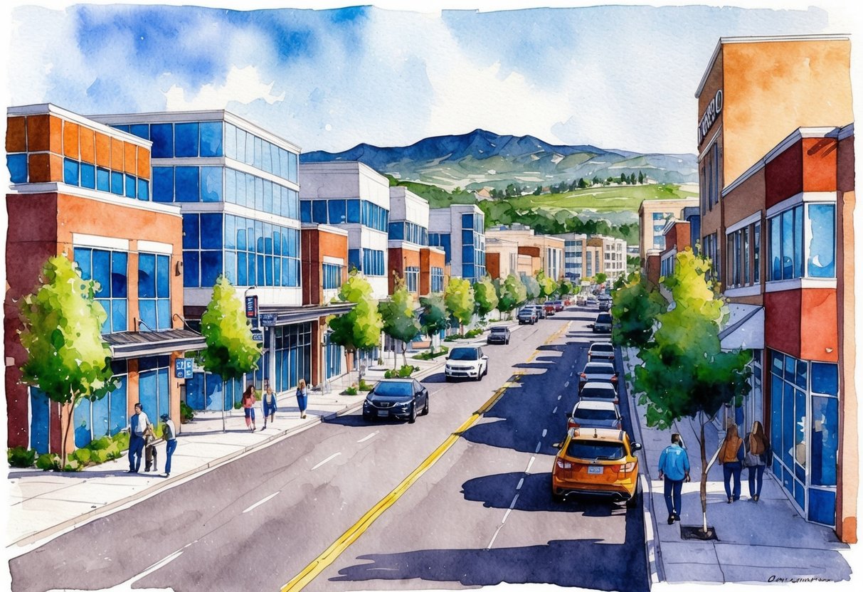 A bustling street in Orem, Utah, lined with modern office buildings and residential properties, with a mix of young professionals and families
