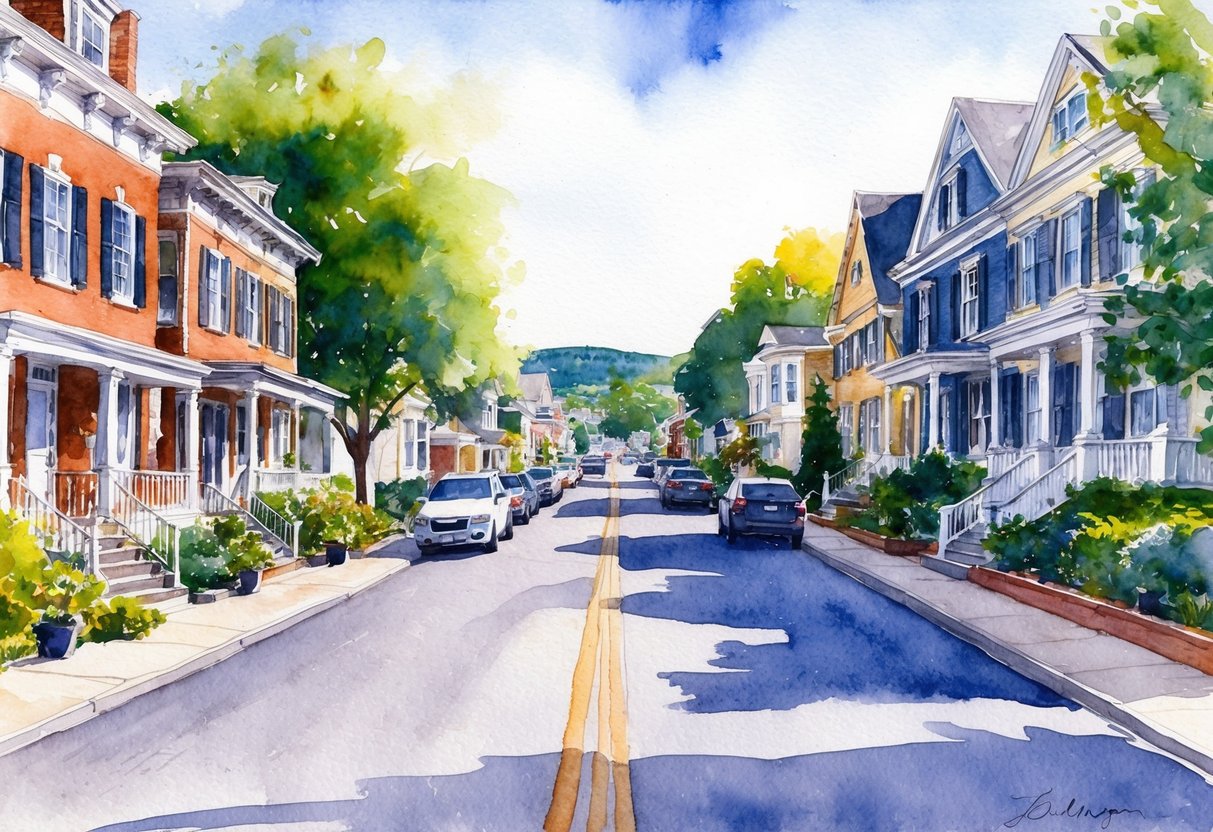 A charming street in Burlington, VT lined with historic homes and bustling with real estate activity