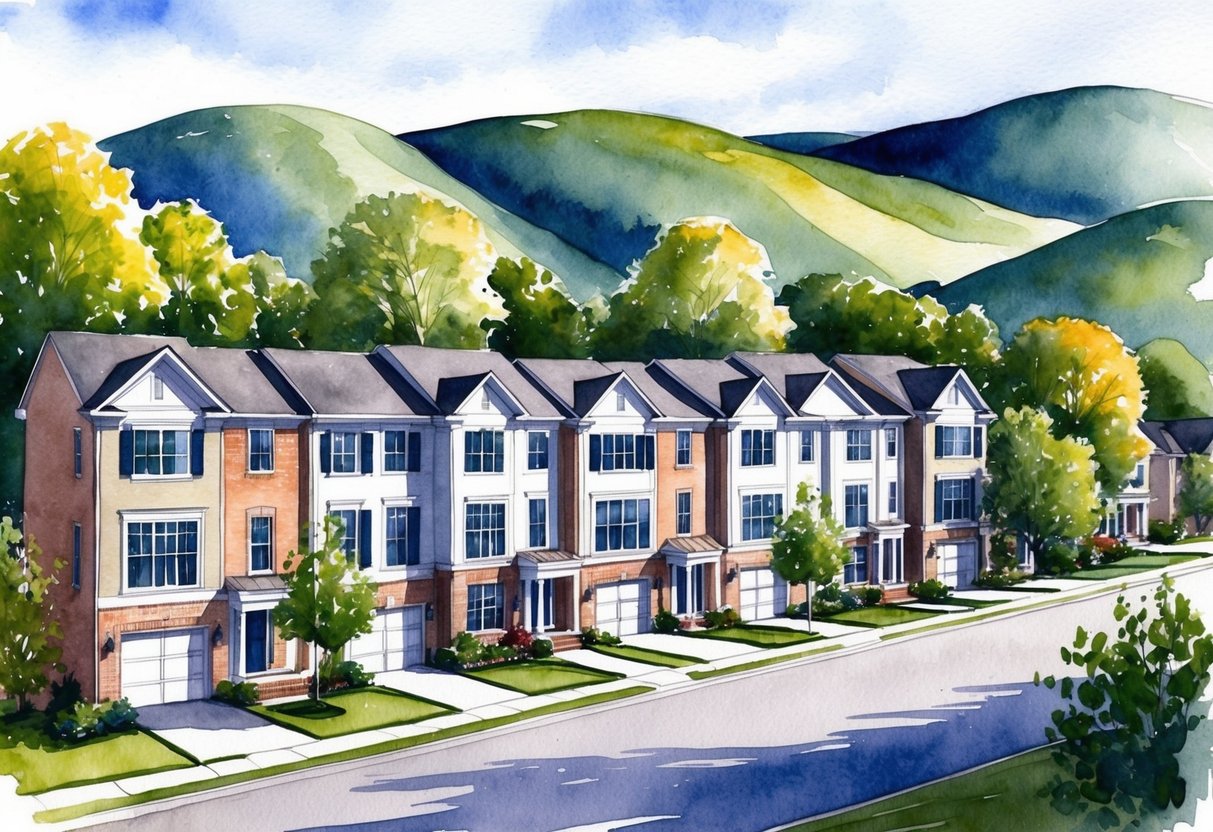A row of modern townhouses nestled in a leafy suburban neighborhood, with manicured lawns and a backdrop of rolling hills in Northern Virginia