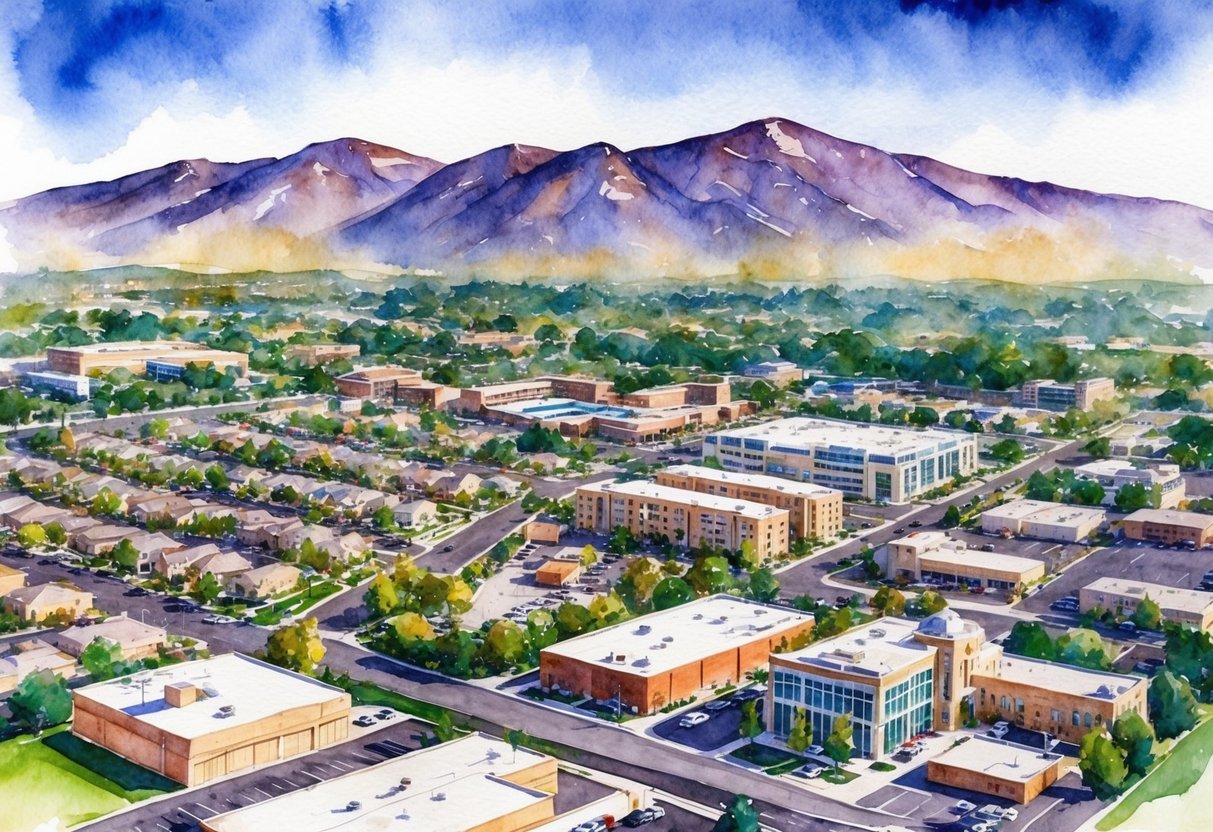 Aerial view of Orem, Utah with residential neighborhoods, commercial buildings, and mountain backdrop