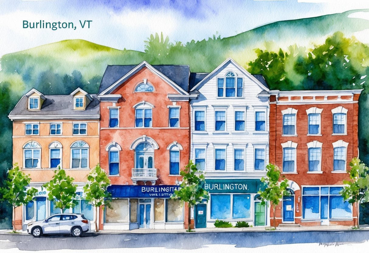 A row of diverse investment properties in Burlington, VT, including residential homes, commercial buildings, and multi-family units