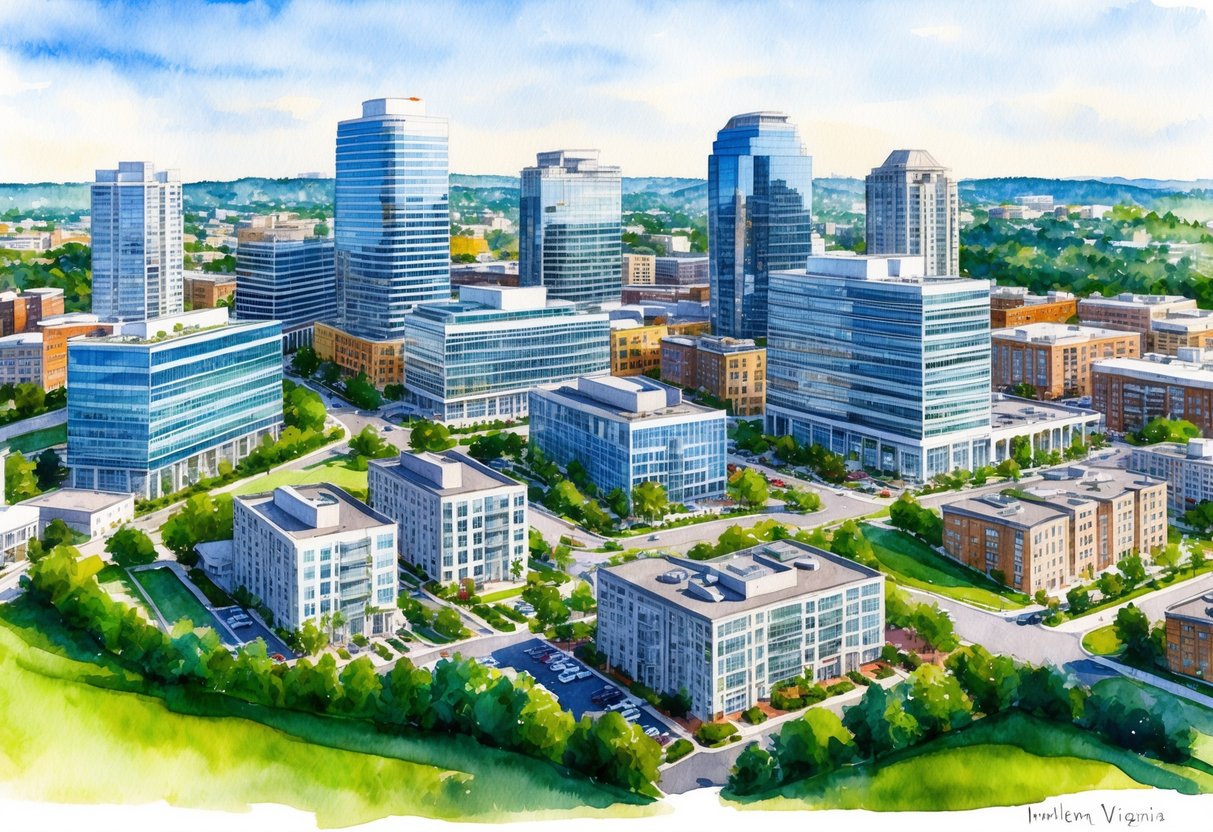 A bustling cityscape in Northern Virginia with modern office buildings, residential complexes, and green spaces, showcasing the diverse investment opportunities in real estate