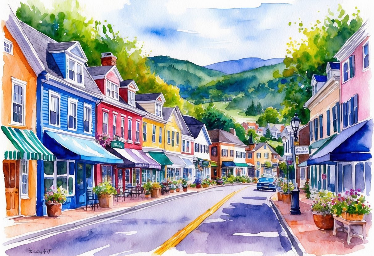 A bustling street in Burlington, VT, lined with charming homes and vibrant local businesses, surrounded by picturesque natural landscapes