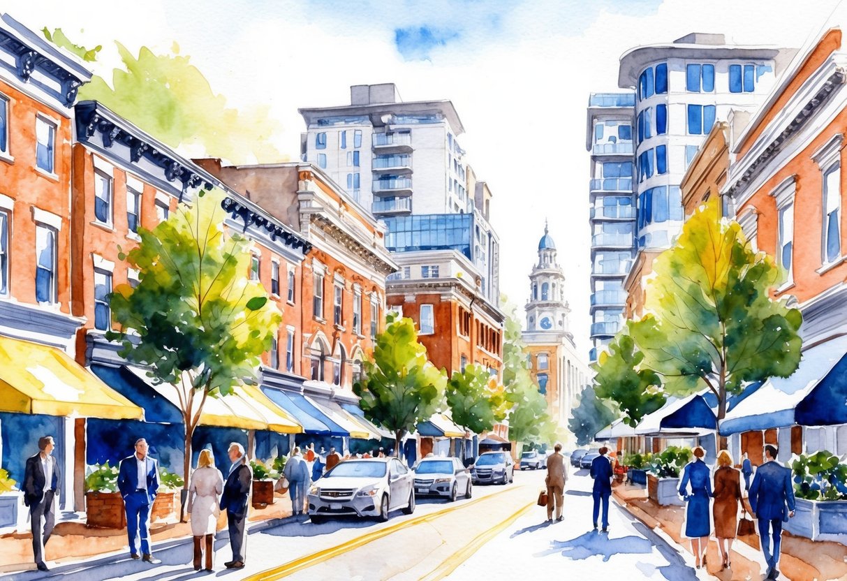 A bustling market street in Northern Virginia, with investors discussing real estate opportunities amid the backdrop of historic buildings and modern developments