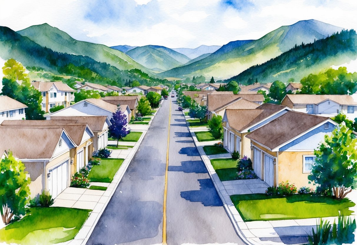 A suburban street in Orem, Utah, with a mix of single-family homes and duplexes, surrounded by mountains and lush greenery
