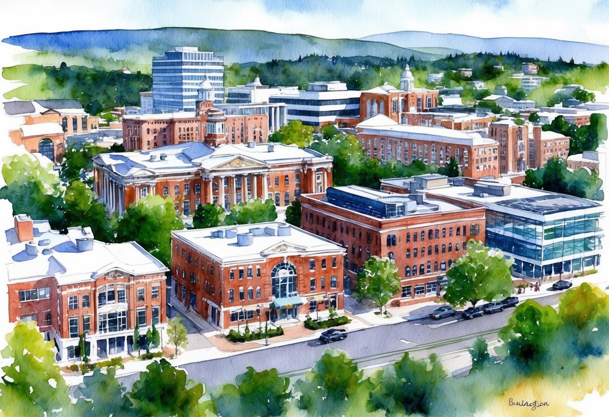 A bustling college town with historic buildings and modern developments, surrounded by the natural beauty of Burlington, VT