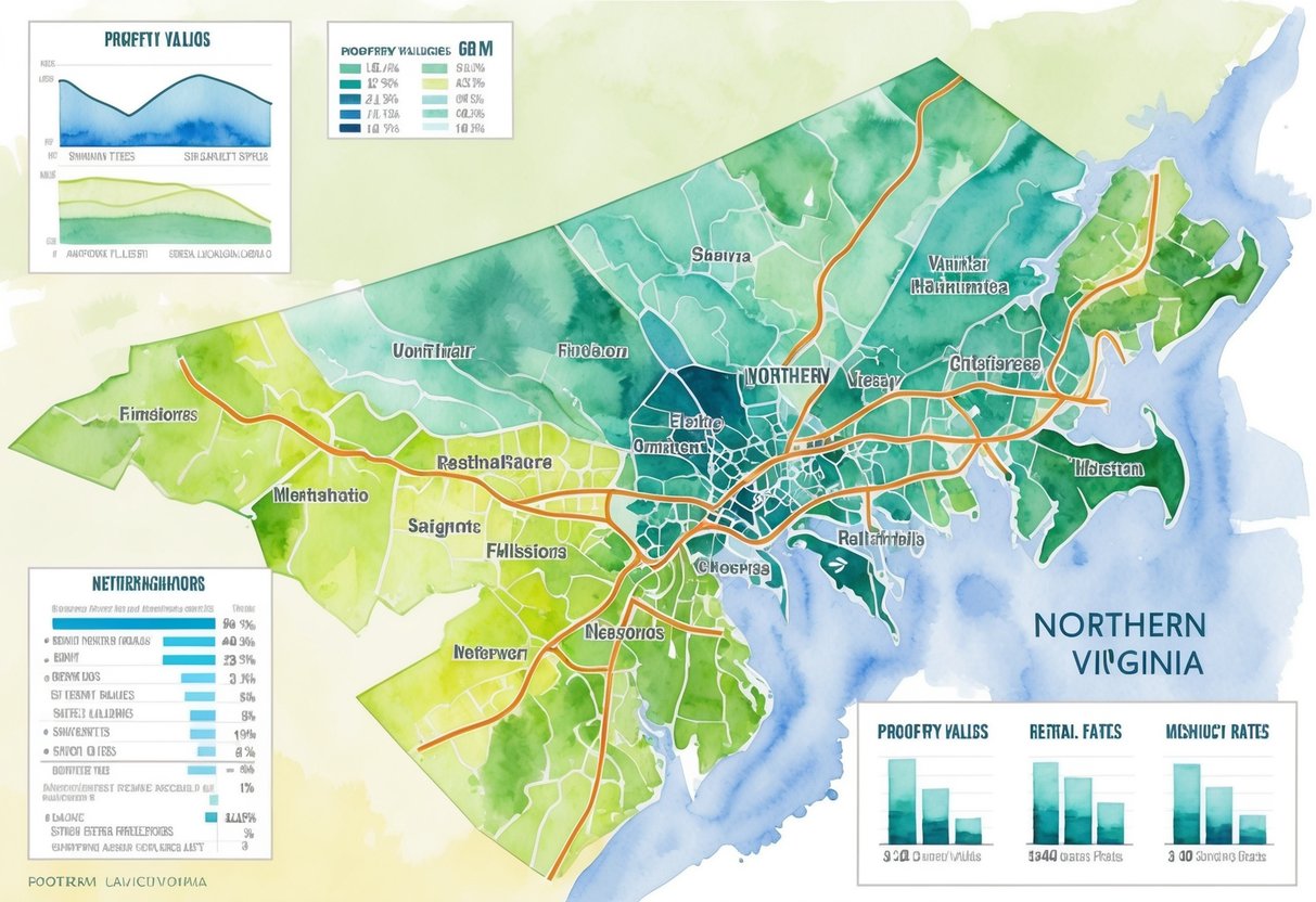 A map of Northern Virginia with labeled neighborhoods and various graphs showing key real estate metrics such as property values, rental rates, and vacancy rates
