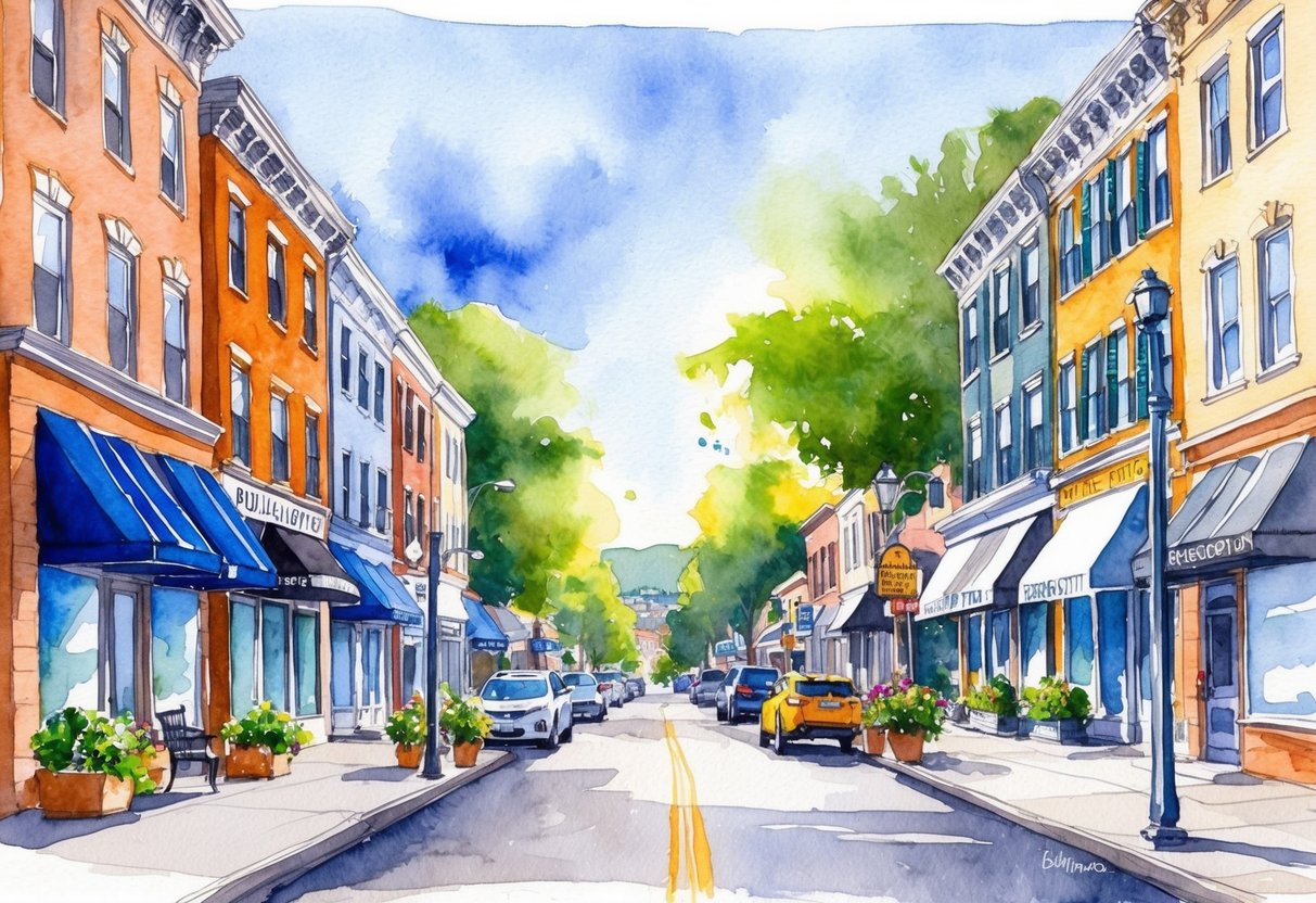 A bustling street in Burlington, VT, lined with charming rental properties and real estate offices, showcasing the affordability and potential for investment in the city's rental market