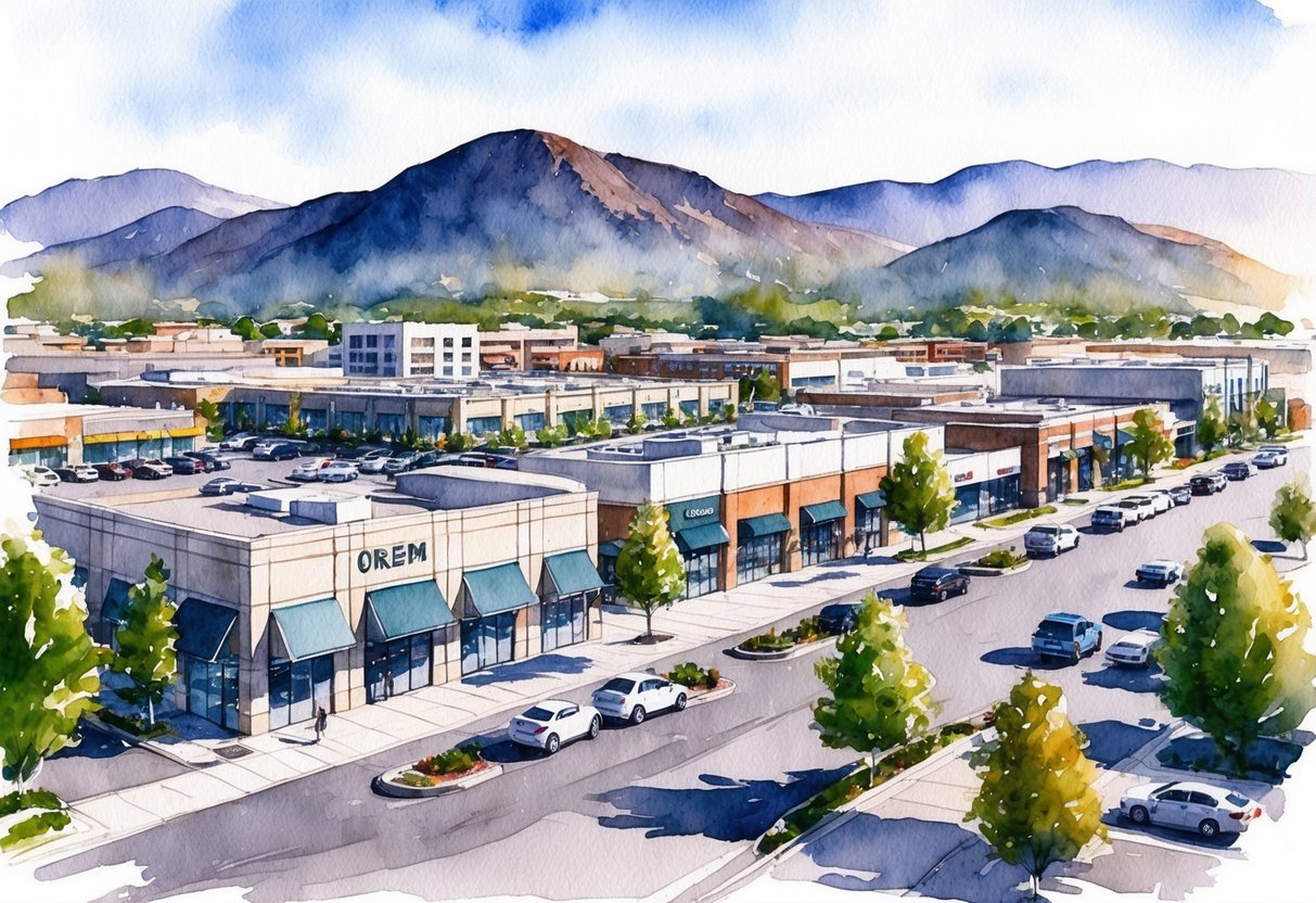 A bustling commercial district in Orem, Utah, with modern office buildings and retail spaces surrounded by mountains