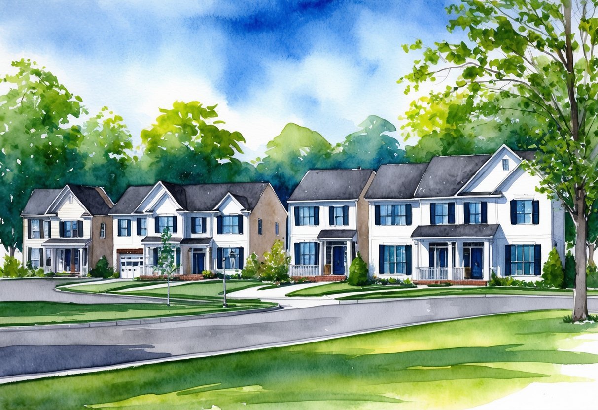 A suburban neighborhood in northern Virginia with modern houses and well-maintained lawns, surrounded by lush green trees and a clear blue sky