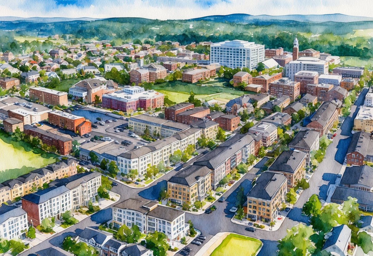 Aerial view of Burlington, VT with diverse neighborhoods and bustling real estate developments