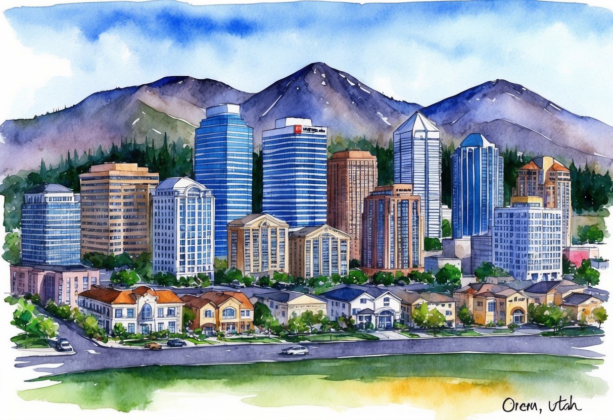 A bustling city skyline with various real estate properties, including office buildings, apartments, and homes, set against a backdrop of mountains in Orem, Utah