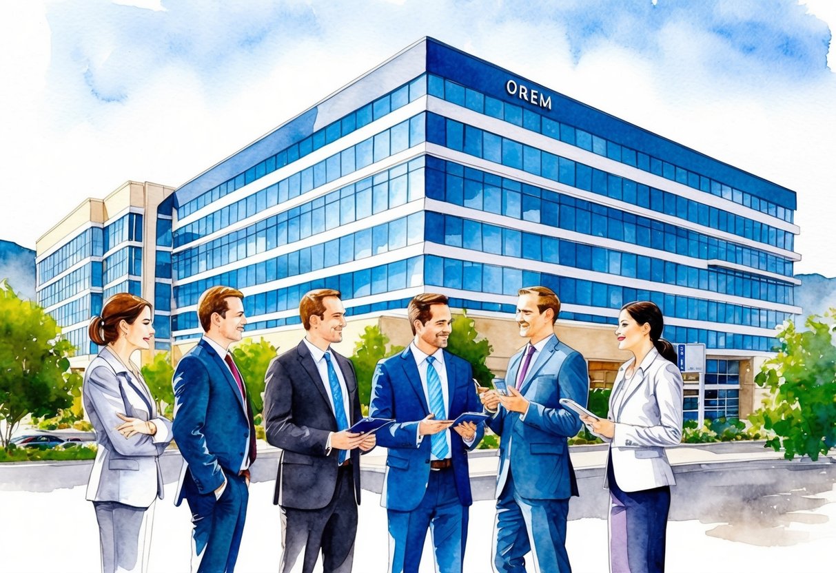 A group of professionals in business attire discussing real estate investments in front of a modern office building in Orem, Utah