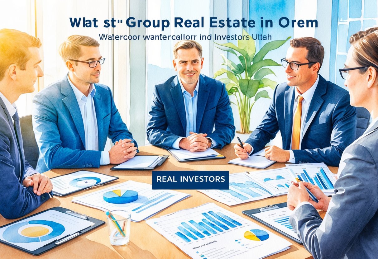 A group of investors discussing real estate in Orem, Utah, with charts and documents spread out on a conference table