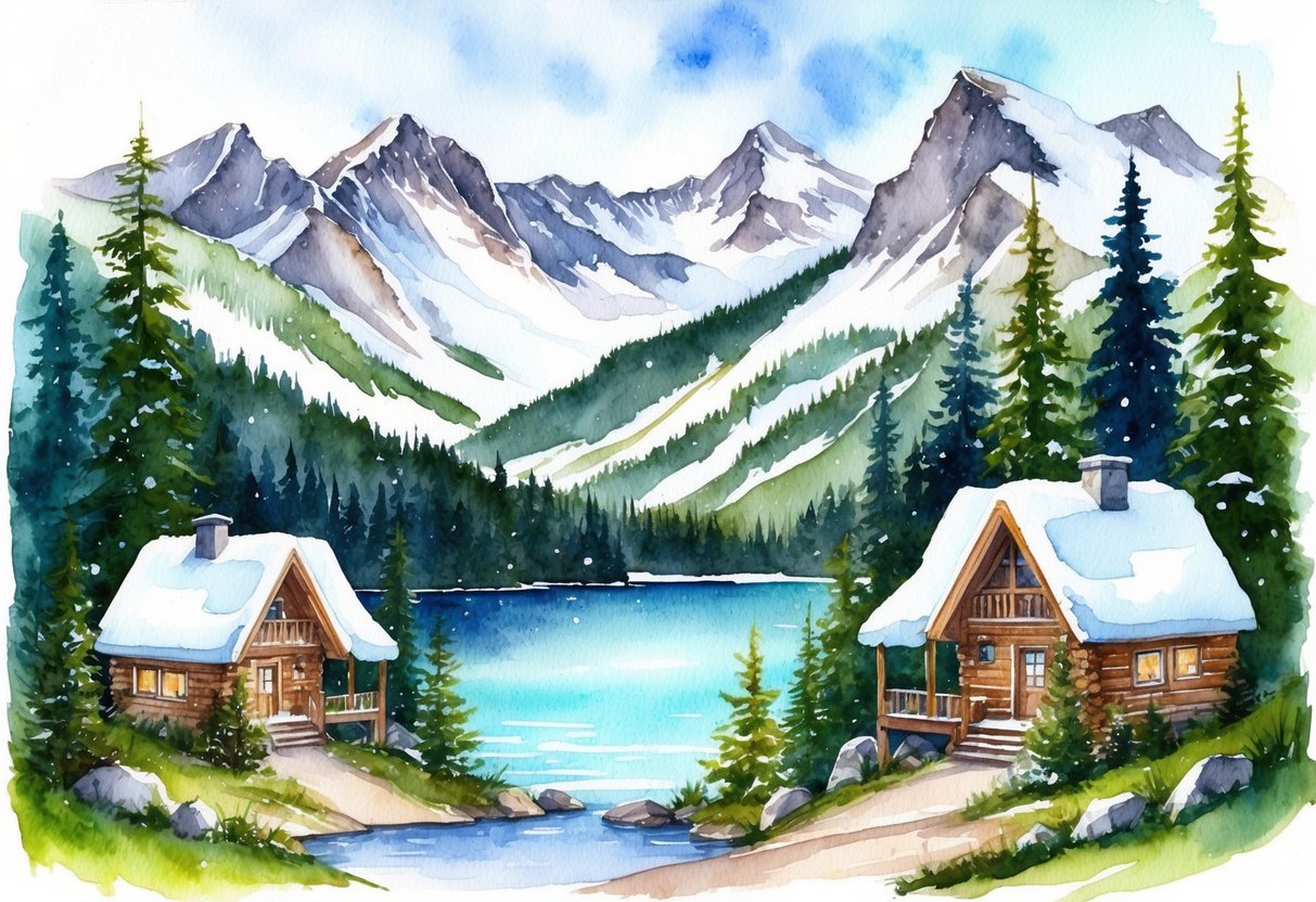 A snow-covered mountain range with cozy cabins nestled among the trees, overlooking a pristine lake and surrounded by lush greenery